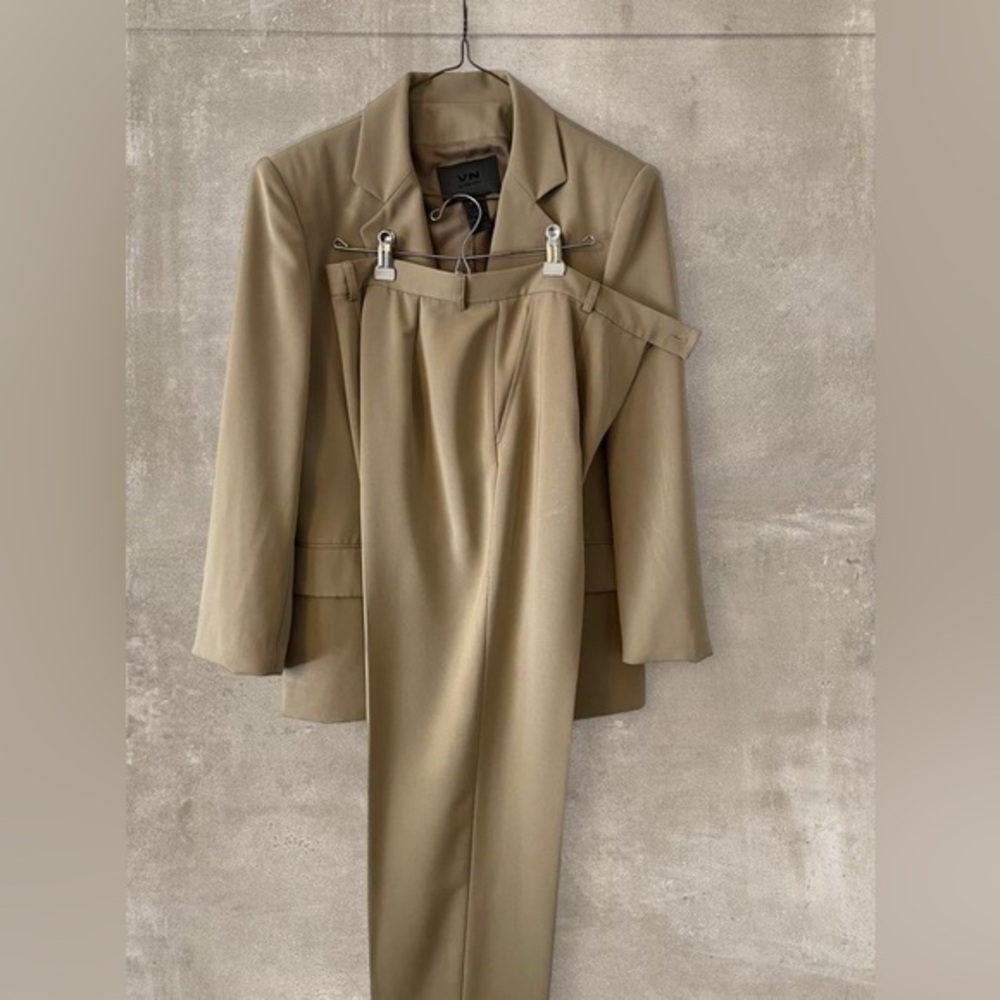 Beige 2 Piece Suit Set Blazer & Pants Minimal Workwear Office Outfit